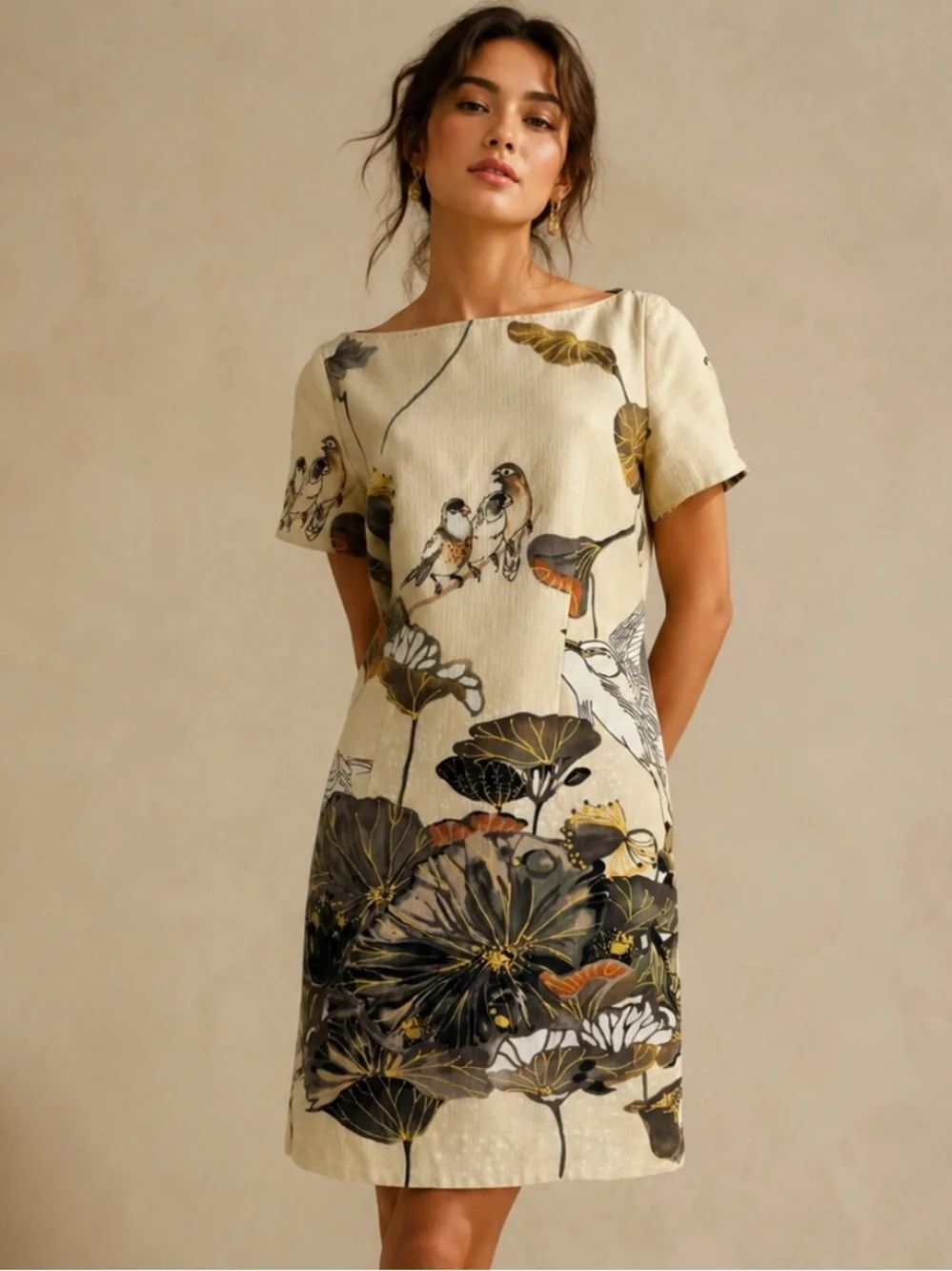 ANTHROPOLOGIE FLOREAT Snowy Egret Floral Bird Print Short Sleeve Dress Size 2